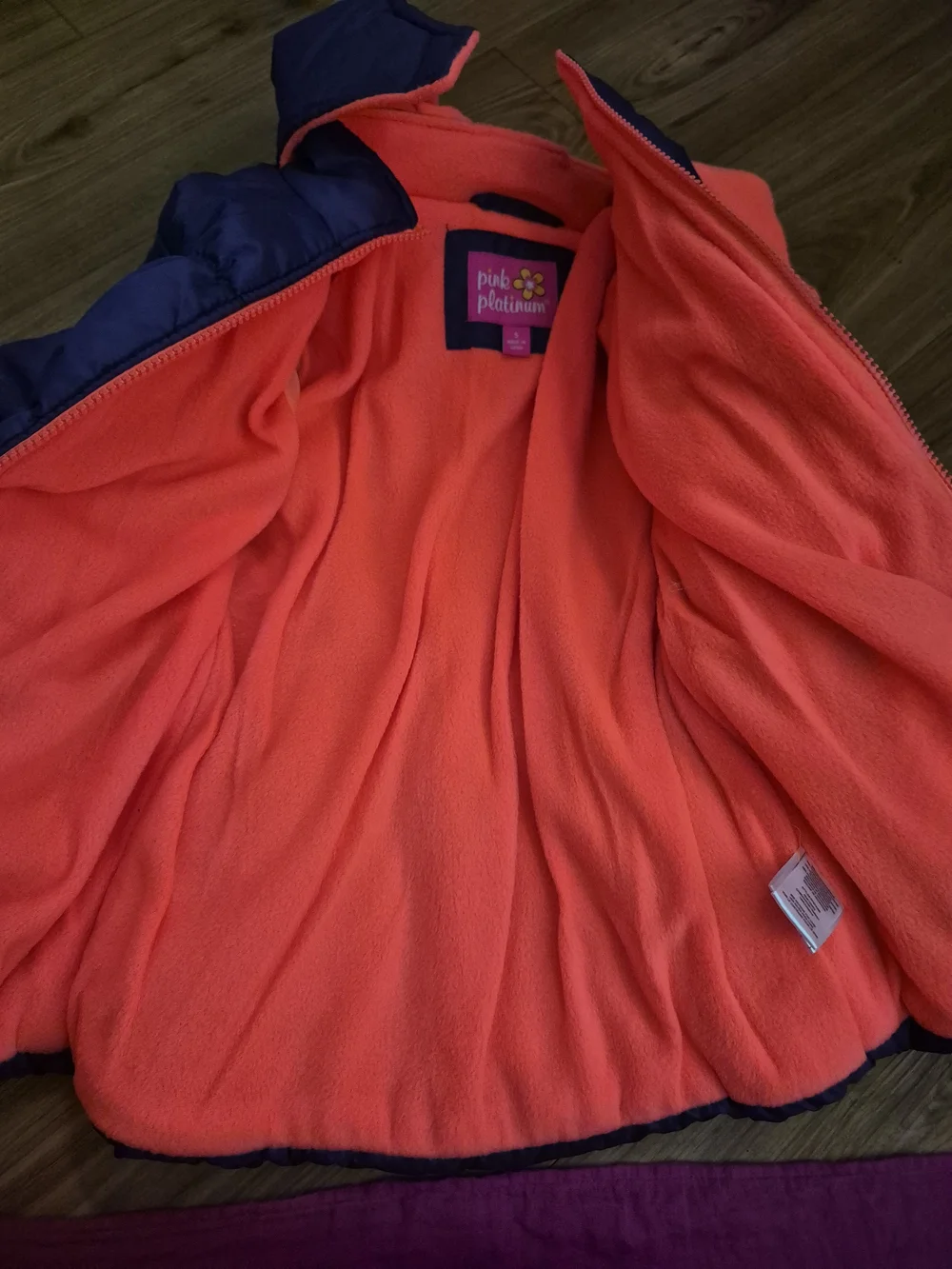 NWT Pink Platinum Kid's Navy Puffer Coat with Hood Orange Lining